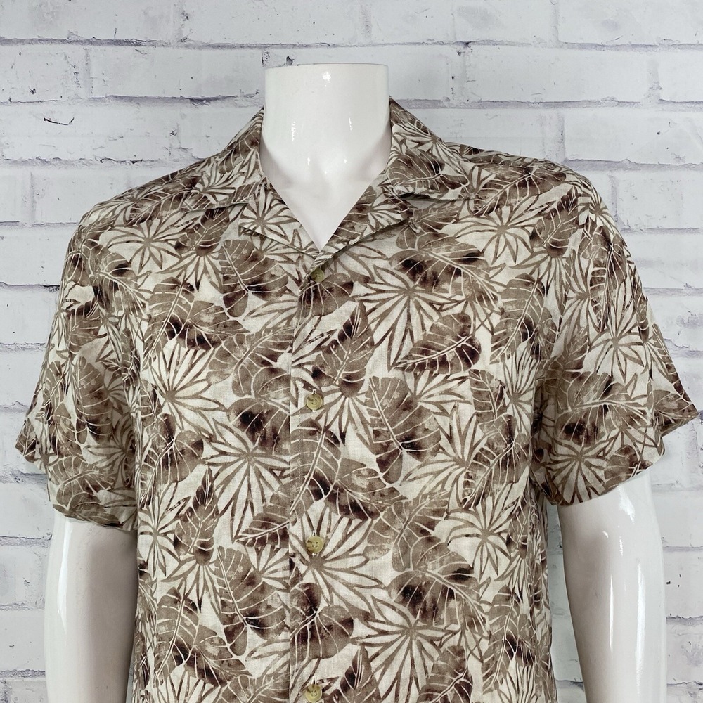 UNTUCKit Shirt‎ Men's Medium Floral 100% Linen Short Sleeve Button Up Tan Aidani